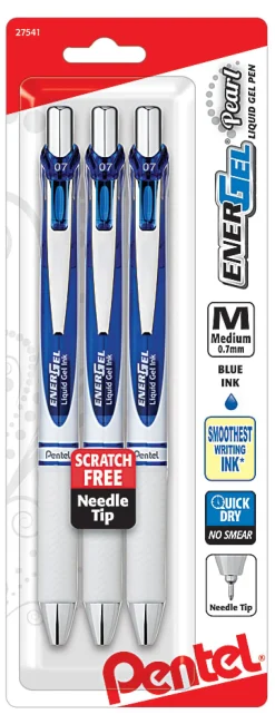 Pentel® EnerGel™ RTX Pearl Pens, Needle Point, 0.7 mm, Pearl Barrel, Blue Ink, Pack Of 3 Pens
