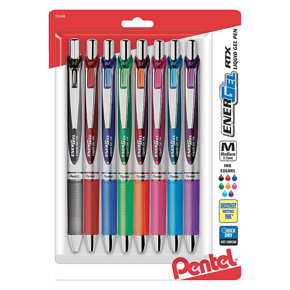 Pentel® EnerGel RTX Pens, 0.7 mm, Medium Point, Assorted Ink Colors, Pack Of 8
