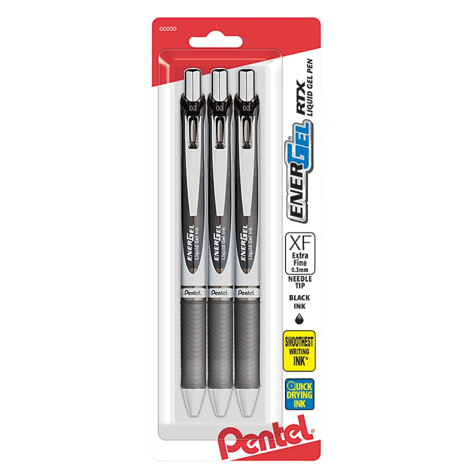 Pentel® EnerGel RTX Pens, 0.3 mm, Needle Point, Black Ink, Pack Of 3
