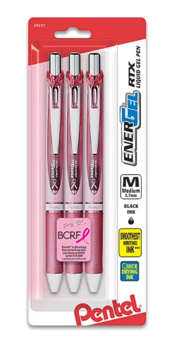 PentelĀ® EnerGelĀ® RTX Retractable Liquid Gel Pens, Medium Point, 0.7 mm, Assorted Barrel Colors, Black Ink, Pack Of 3 Pens