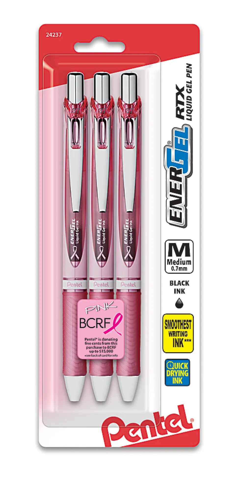 Pentel® EnerGel® RTX Retractable Liquid Gel Pens, Medium Point, 0.7 mm, Assorted Barrel Colors, Black Ink, Pack Of 3 Pens