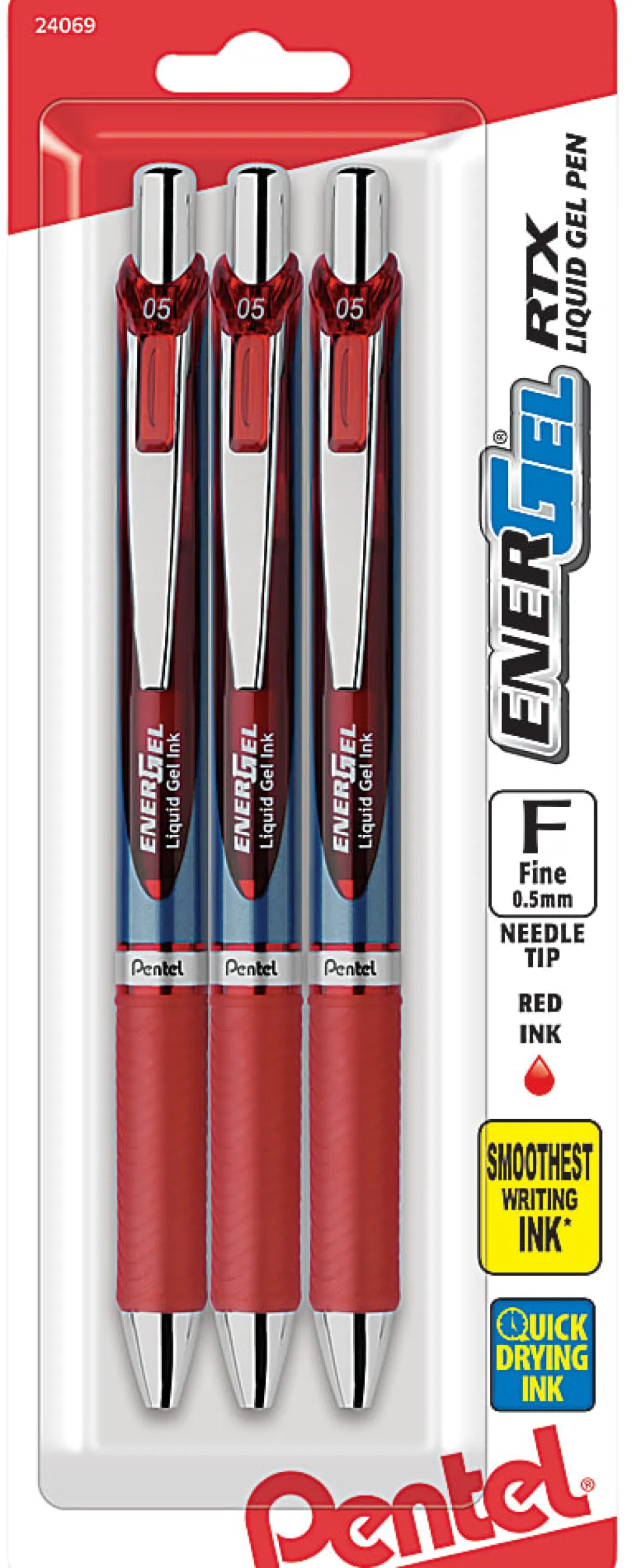 Pentel® EnerGel® RTX Retractable Liquid Gel Pens, Fine Point, 0.5mm, 54% Recycled, Assorted Barrel Colors, Red Ink, Pack Of 3 Pans