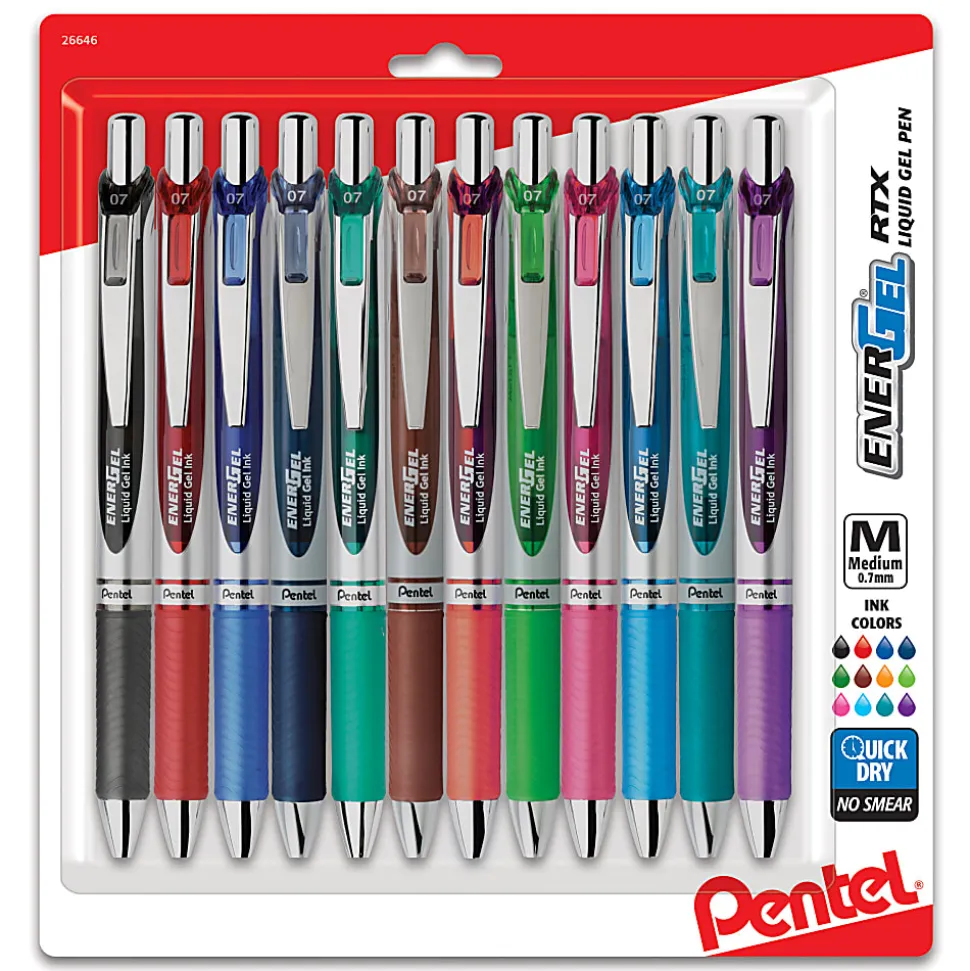 Pentel® EnerGel™ RTX Retractable Liquid Gel Pens, Medium Point, 0.7 mm, Assorted Colors, Pack Of 12 Pens
