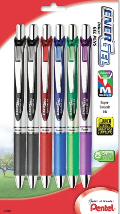 Pentel® EnerGel™ RTX Retractable Liquid Gel Pens, Medium Point, 0.7 mm, 54% Recycled, Silver Barrel, Assorted Ink Colors, Pack Of 6 Pens