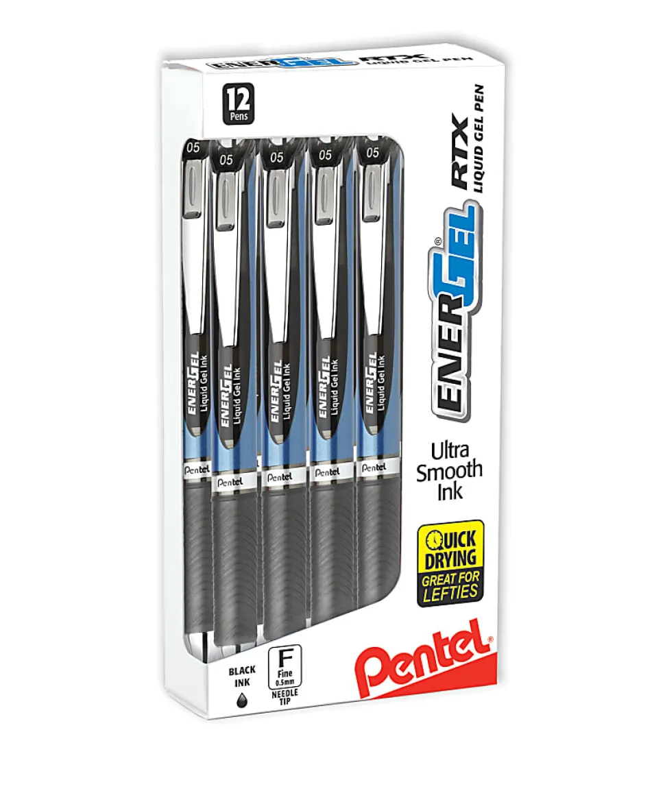 Pentel® EnerGel RTX Rollerball Pens, Fine Point, 0.5mm, Black Barrell, Black Ink, Pack of 12