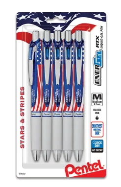 PentelĀ® EnerGelĀ® Stars & Stripes Liquid Gel Pens, Pack Of 5, Medium Point, 0.7 mm, Red/White/Blue Barrel, Black Ink