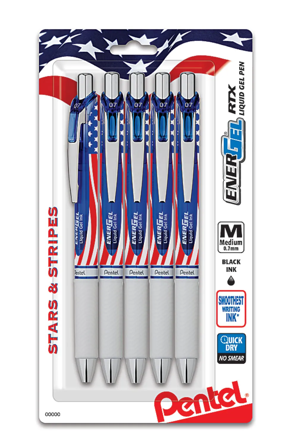 Pentel® EnerGel® Stars & Stripes Liquid Gel Pens, Pack Of 5, Medium Point, 0.7 mm, Red/White/Blue Barrel, Black Ink