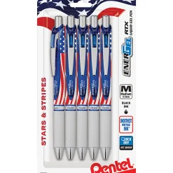 Pentel® EnerGel® Stars & Stripes Liquid Gel Pens, Pack Of 5, Medium Point, 0.7 mm, Red/White/Blue Barrel, Black Ink