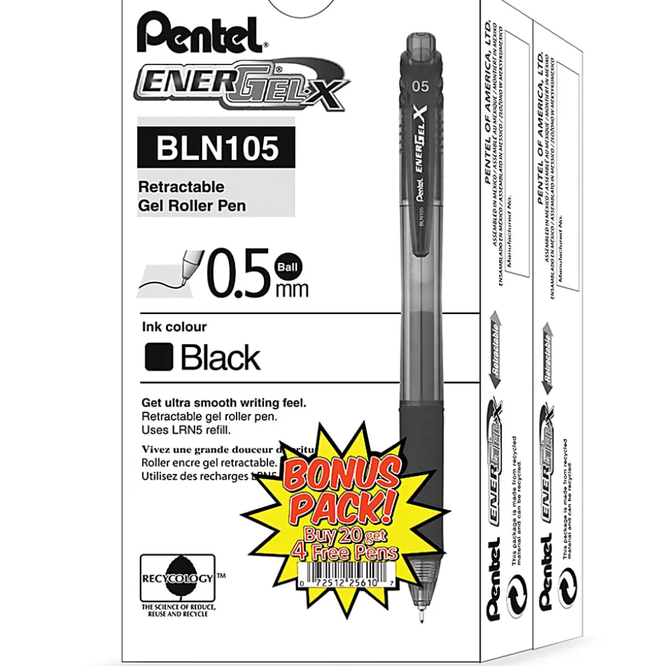 Pentel® EnerGel-X Retractable Gel Pens, Pack Of 24, Fine Point, 0.5 mm, Black Barrel, Black Ink