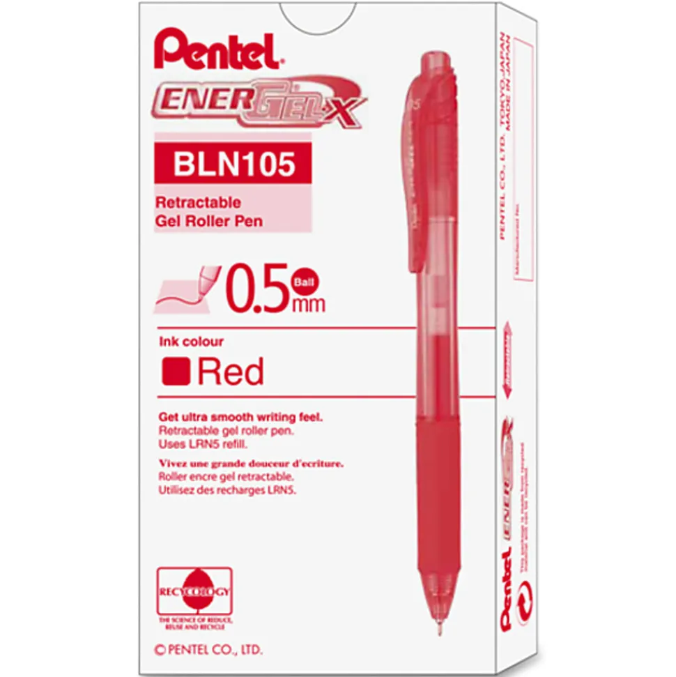 Pentel® EnerGel-X Retractable Gel Pens, Fine Point, 0.5 mm, Red Barrel, Red Ink, Pack Of 12 Pens