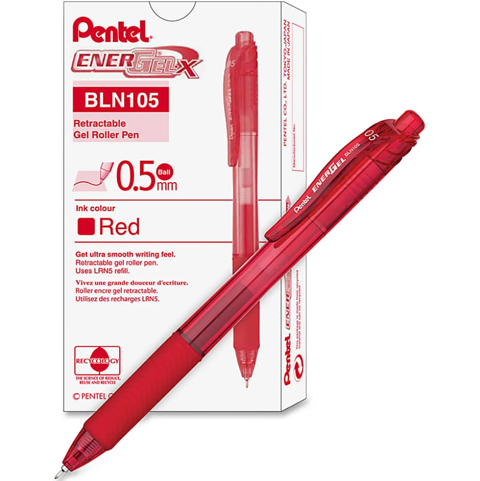 Pentel® EnerGel-X Retractable Gel Pens, Fine Point, 0.5 mm, Red Barrel, Red Ink, Pack Of 12 Pens