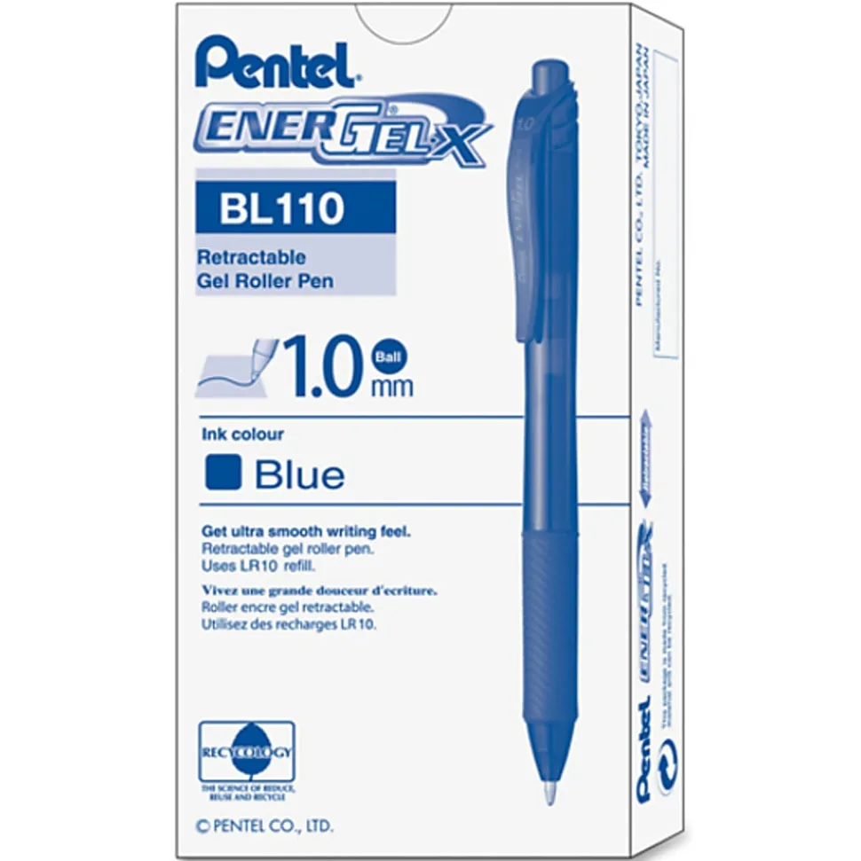 Pentel® EnerGel-X Retractable Gel Pens, Bold Point, 1.0 mm, Blue Barrel, Blue Ink, Pack Of 12 Pens