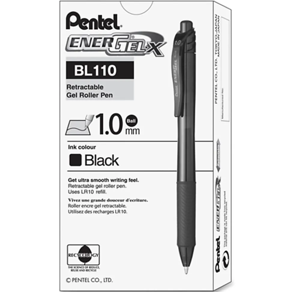 Pentel® EnerGel-X Retractable Gel Pens, Bold Point, 1.0 mm, Black Barrel, Black Ink, Pack Of 12 Pens