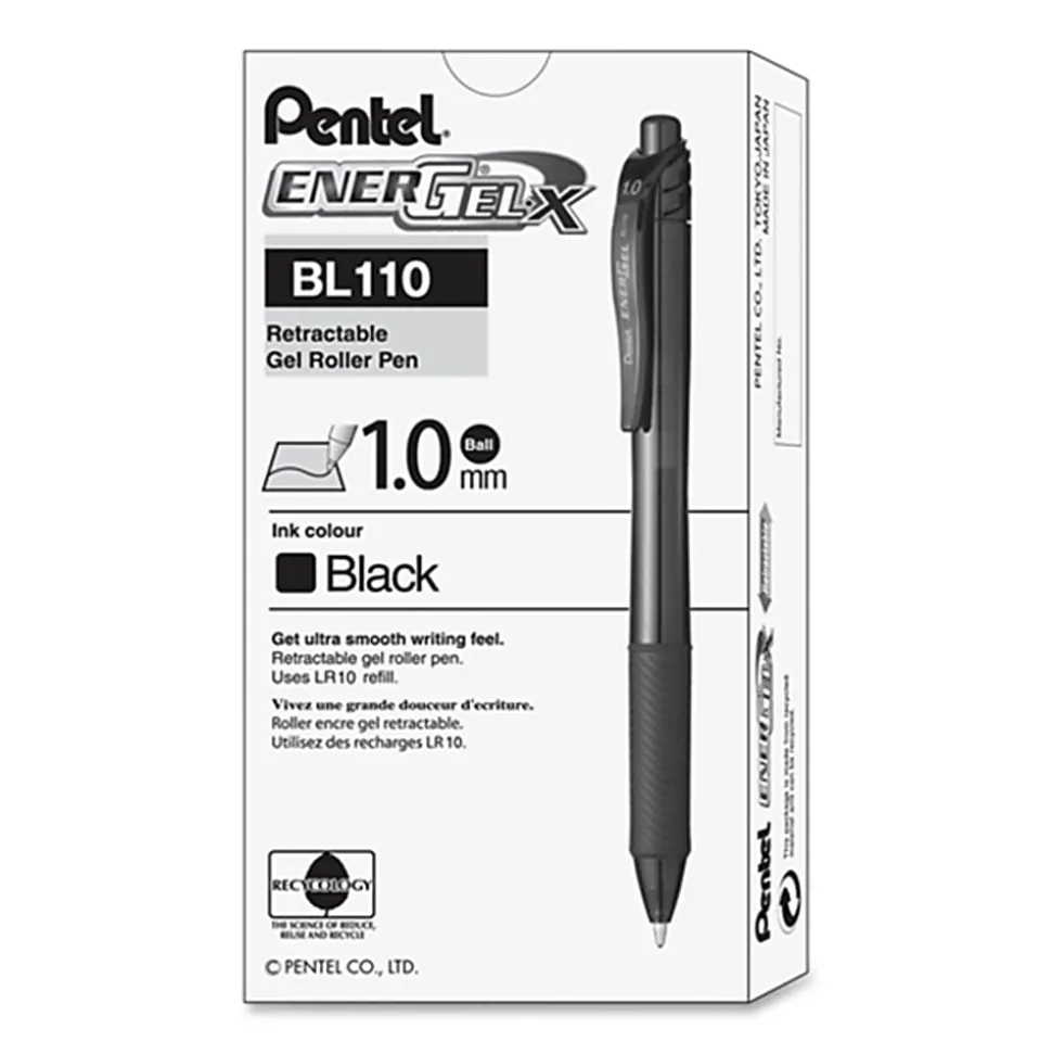 Pentel® EnerGel-X Retractable Gel Pens, Bold Point, 1.0 mm, Black Barrel, Black Ink, Pack Of 12 Pens