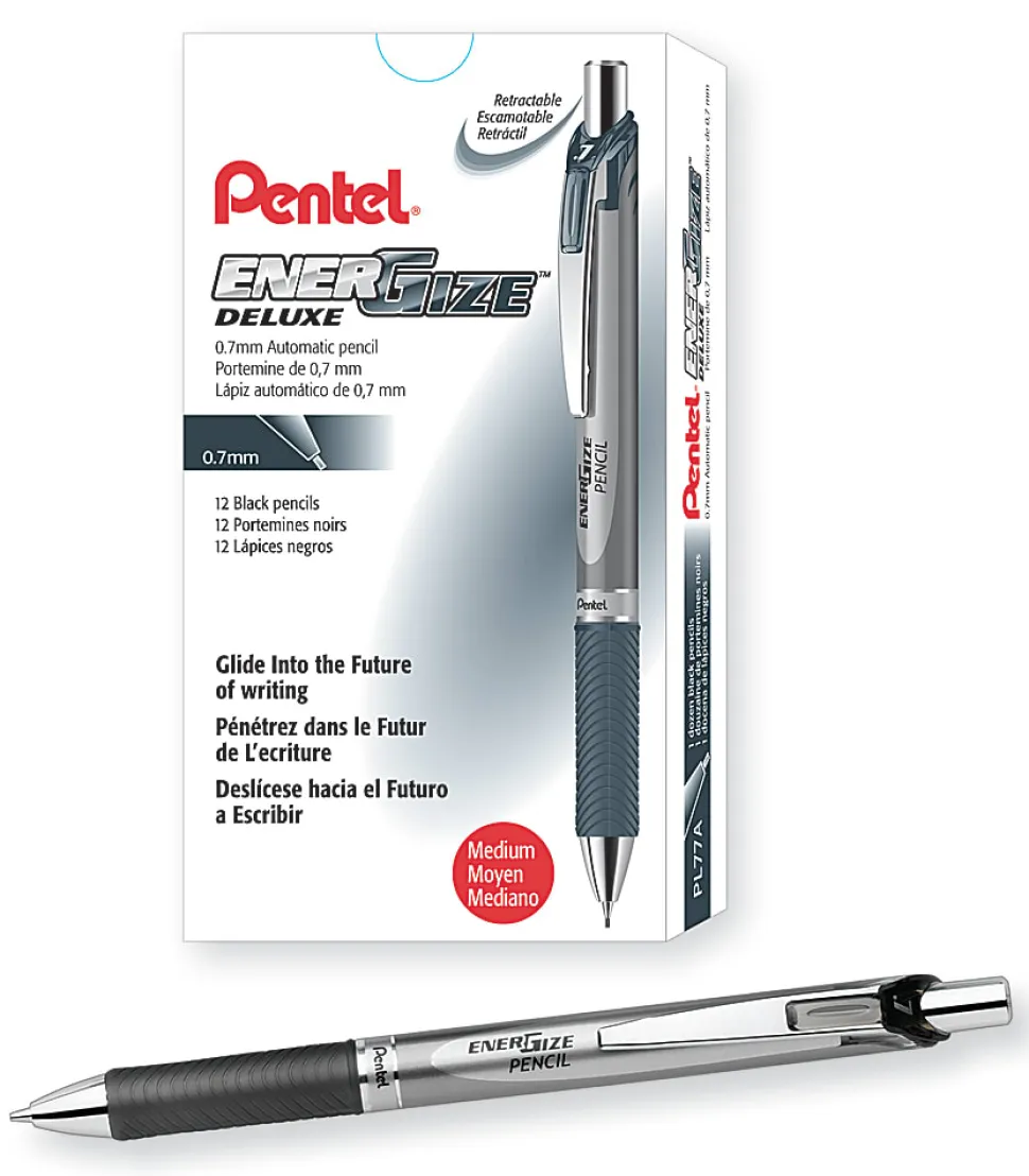 Pentel® EnerGize Mechanical Pencils, 0.7 mm, Black/Silver, Pack Of 12