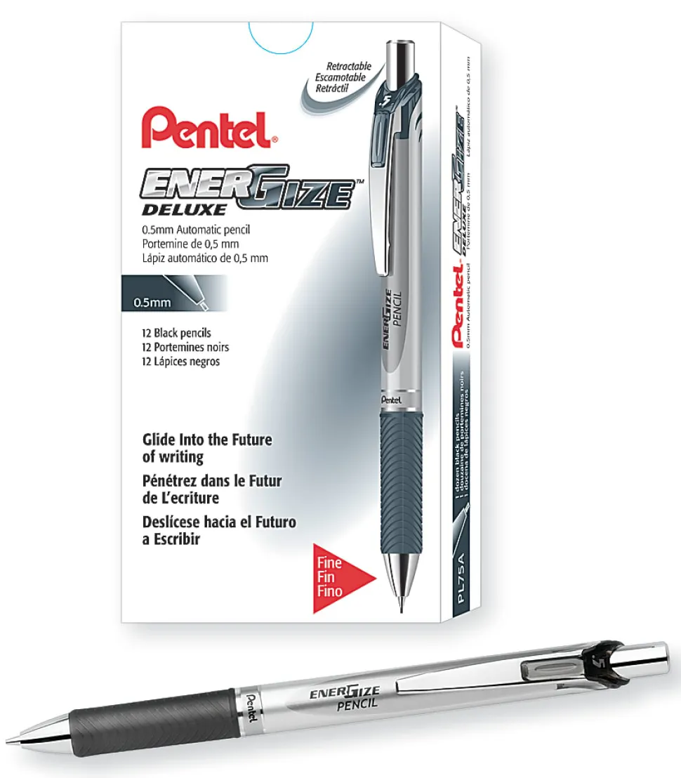 Pentel® EnerGize™ Mechanical Pencil, 0.5mm, #2 Lead, Black/Silver Barrel, Pack Of 12