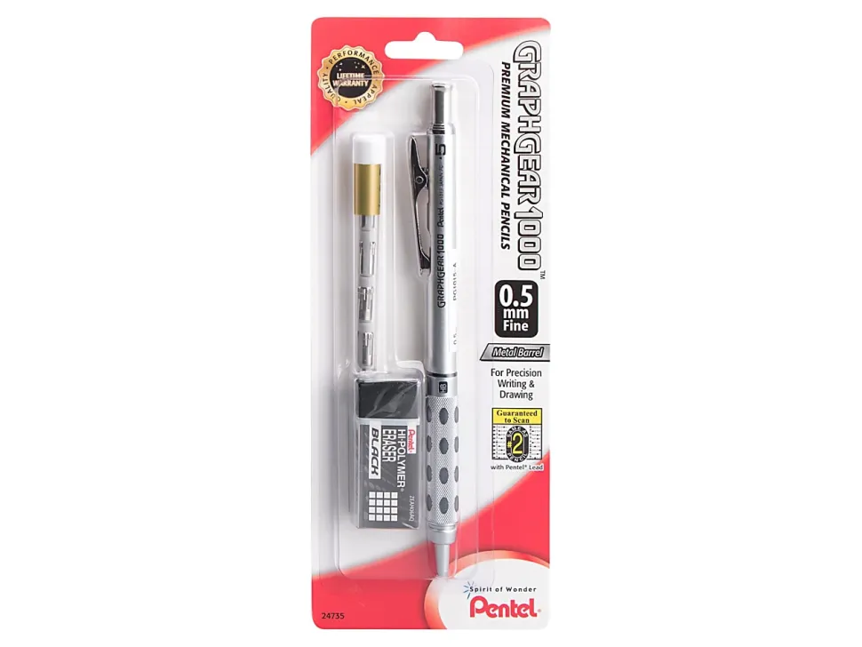 Pentel® Graph Gear 1000™ Mechanical Pencil with Eraser Set, 0.5mm, #2 Lead, Silver Barrel