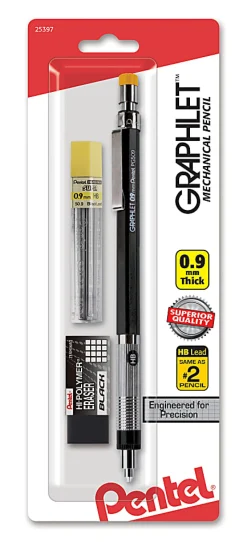 Pentel® Graphlet™ Mechanical Pencil with Lead and Eraser Set, 0.9mm, #2 Lead, Black Barrel