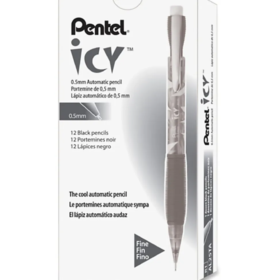 Pentel® Icy Mechanical Pencils, #2 Lead, Fine Point, 0.5 mm, Black Barrel, Pack Of 12