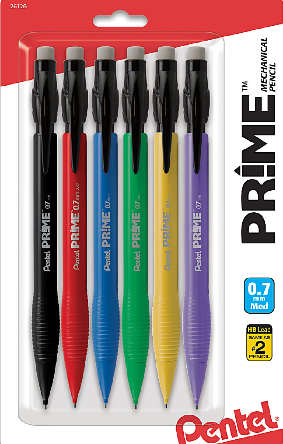 Pentel Prime Mechanical Pencils, 0.7 mm, Medium Point, Assorted Barrel Colors, Pack Of 6
