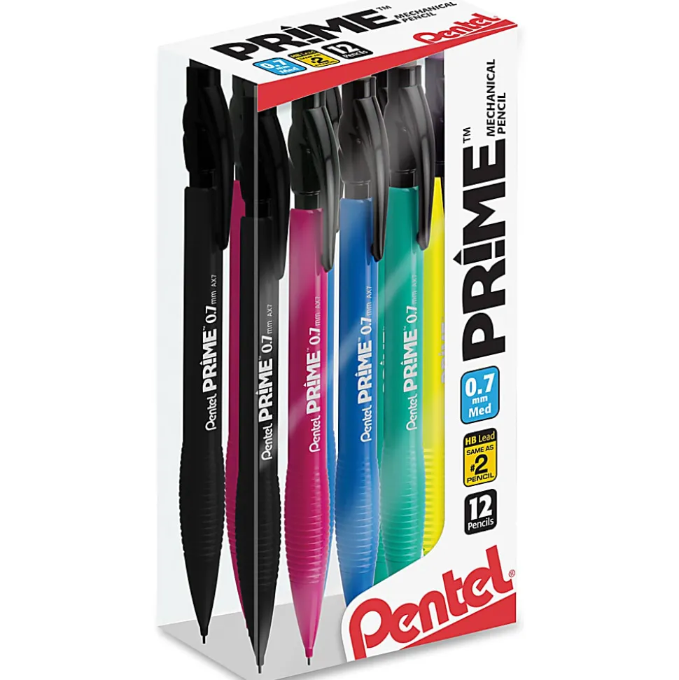 Pentel Prime Mechanical Pencils, 0.7 mm, Medium Point, Assorted Barrel Colors, Pack Of 12