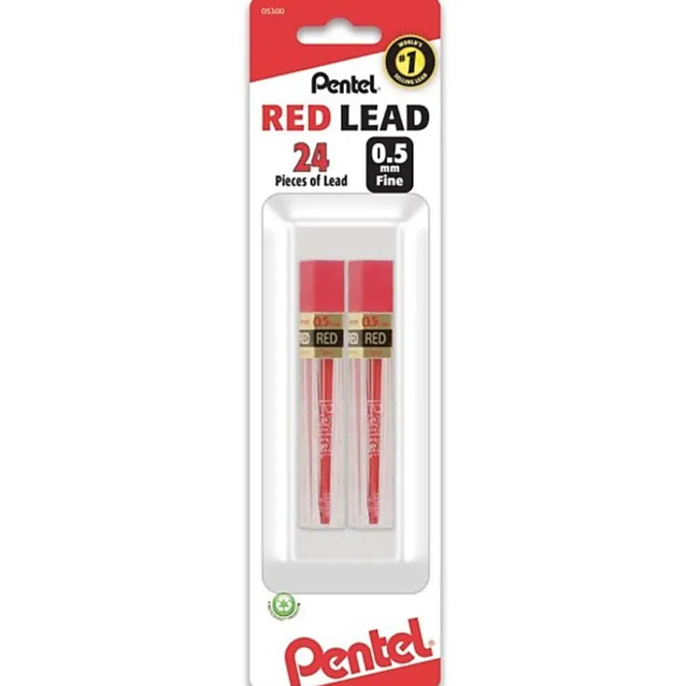 Pentel® Red Lead Refills, 0.5 mm, #2.5 Medium Soft Lead, Pack Of 2 Tubes