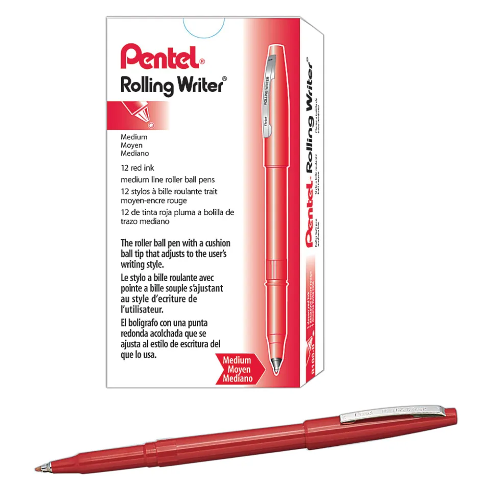 Pentel® Rolling Writer® Pens, Medium Point, 0.8 mm, Red Barrel, Red Ink, Pack Of 12 Pens