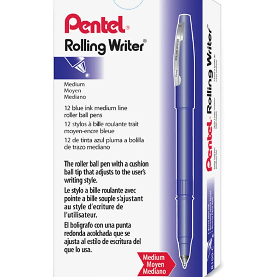Pentel® Rolling Writer® Pens, Medium Point, 0.8 mm, Blue Barrel, Blue Ink, Pack Of 12 Pens