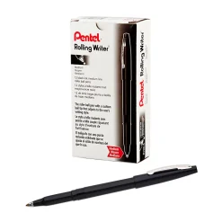 Pentel® Rolling Writer® Pens, Medium Point, 0.8 mm, Black Barrel, Black Ink, Pack Of 12 Pens