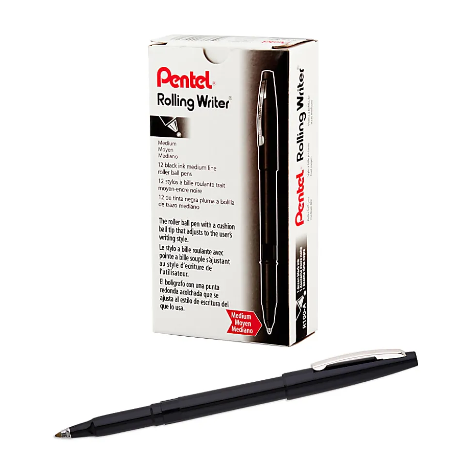 Pentel® Rolling Writer® Pens, Medium Point, 0.8 mm, Black Barrel, Black Ink, Pack Of 12 Pens