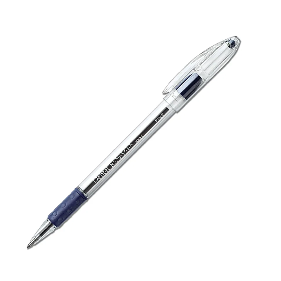 Pentel® R.S.V.P.® Ballpoint Pens, Fine Point, 0.7 mm, Clear Barrel, Blue Ink, Pack of12
