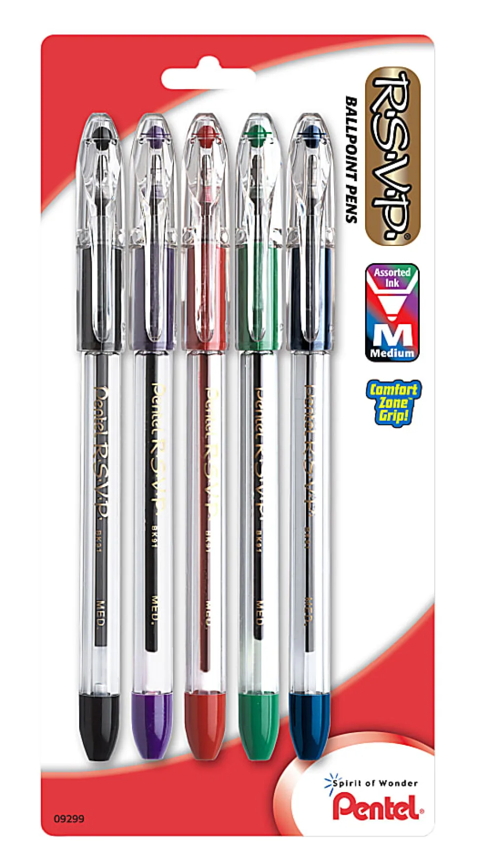 Pentel® R.S.V.P.® Ballpoint Pens, Fine Point, 0.7 mm, Clear Barrel, Assorted Ink Colors, Pack Of 5