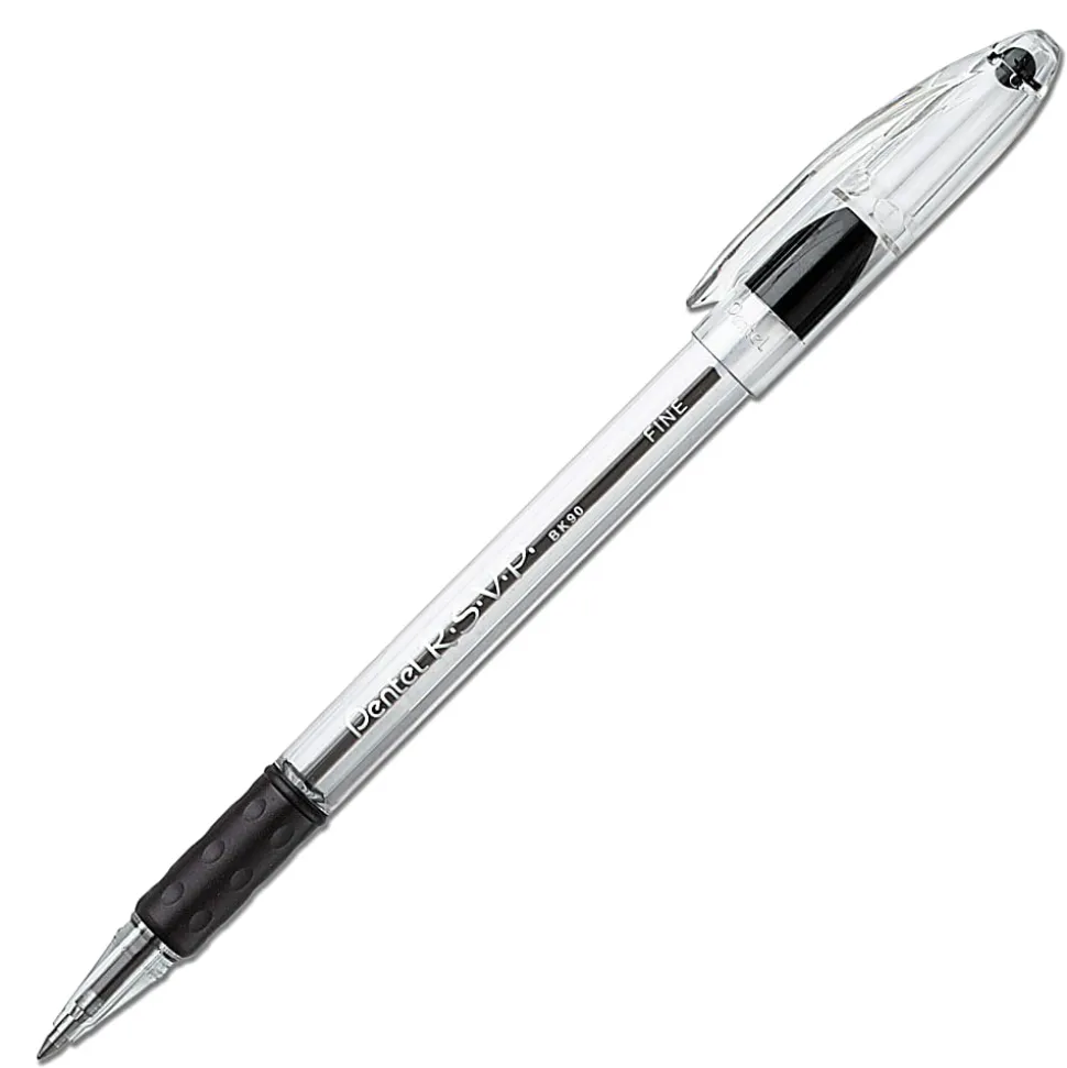 Pentel® R.S.V.P.® Ballpoint Pens, Fine Point, 0.7 mm, Clear Barrel, Black Ink, Pack Of 12