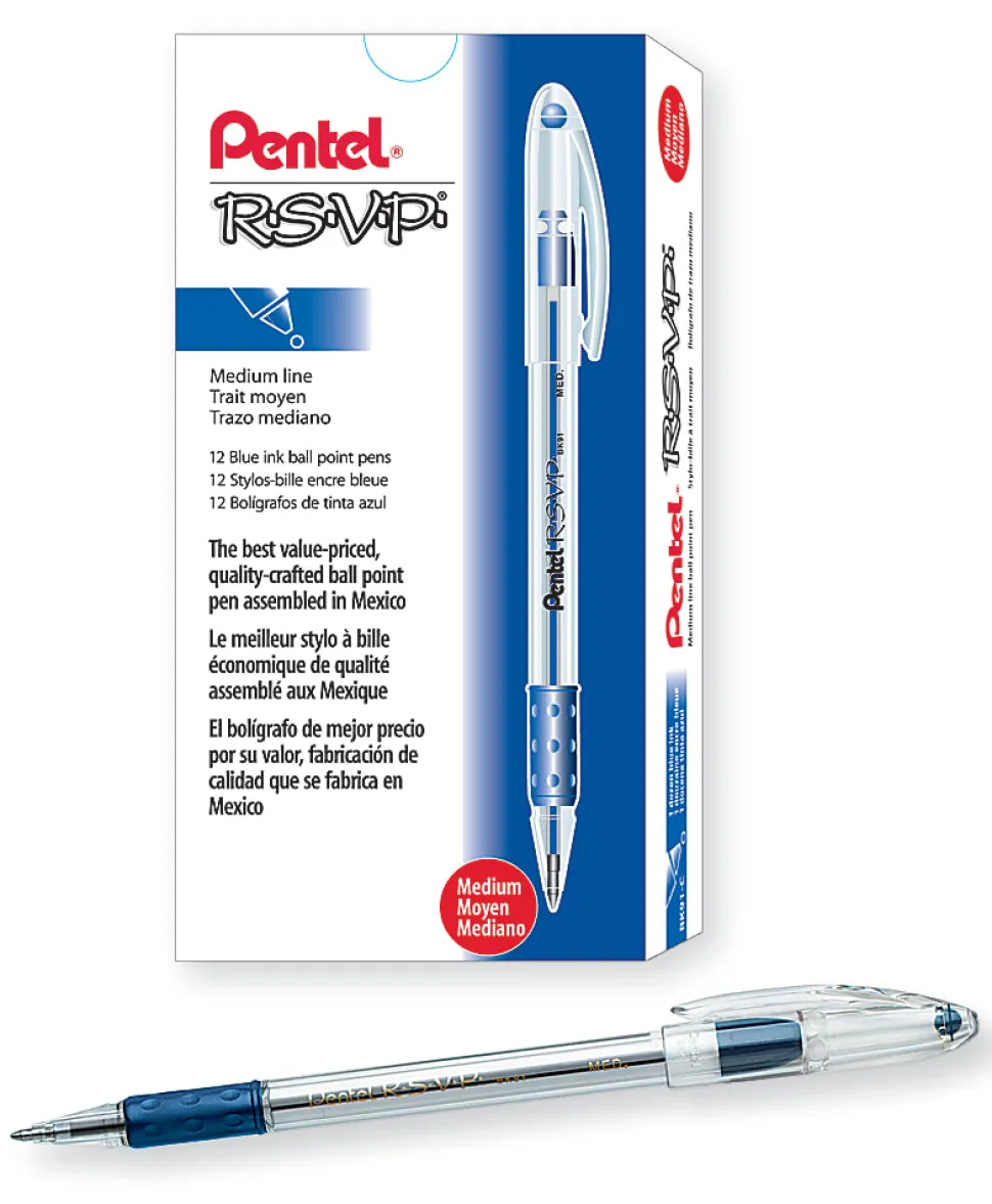 Pentel® R.S.V.P.® Ballpoint Pens, Medium Point, 1.0 mm, Clear Barrel, Blue Ink, Pack Of 12