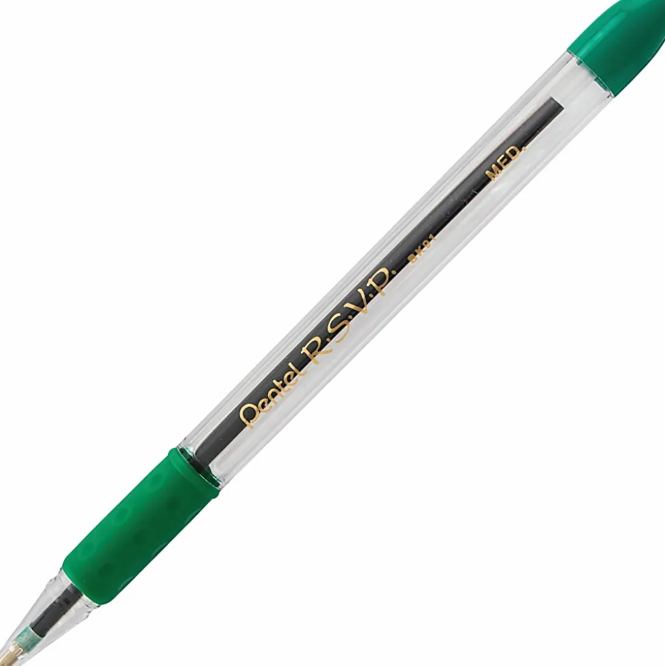 Pentel® R.S.V.P.® Ballpoint Pens, Medium Point, 1.0 mm, Clear Barrel, Green Ink, Pack Of 12