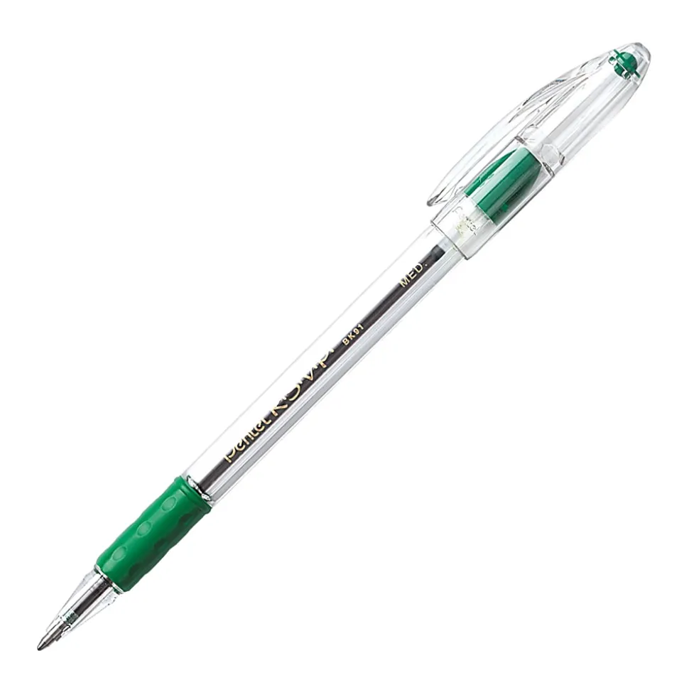 Pentel® R.S.V.P.® Ballpoint Pens, Medium Point, 1.0 mm, Clear Barrel, Green Ink, Pack Of 12
