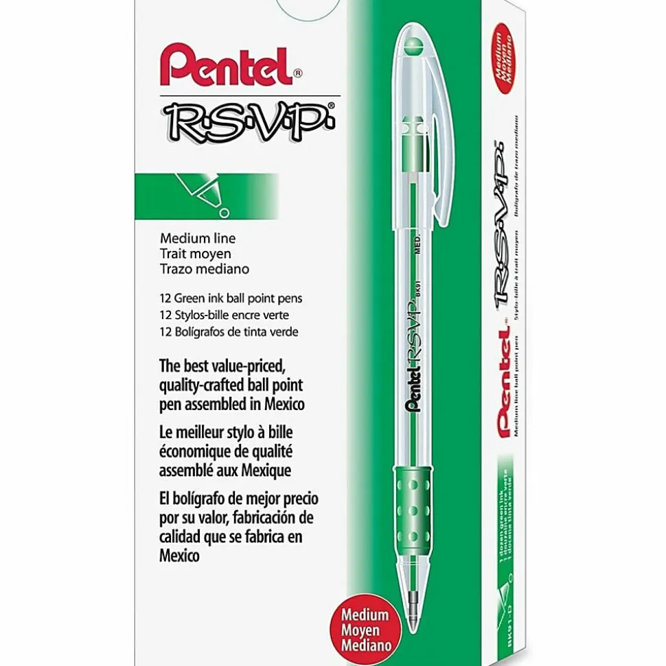 Pentel® R.S.V.P.® Ballpoint Pens, Medium Point, 1.0 mm, Clear Barrel, Green Ink, Pack Of 12