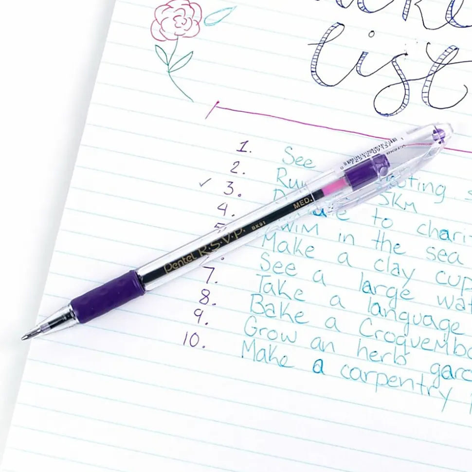 Pentel® R.S.V.P.® Ballpoint Pens, Medium Point, 1.0 mm, Clear Barrel, Violet Ink, Pack Of 12