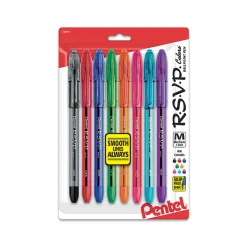 Pentel® R.S.V.P.® Ballpoint Pens, Medium Point, 1.0 mm, Clear Barrel, Assorted Ink Colors, Pack Of 8