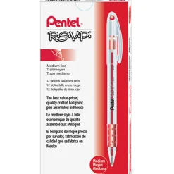 Pentel® R.S.V.P.® Ballpoint Pens, Medium Point, 1.0 mm, Clear Barrel, Red Ink, Pack Of 12