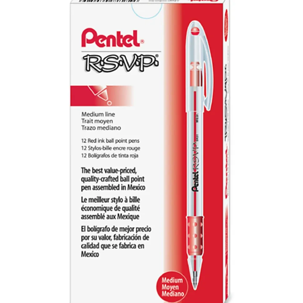 Pentel® R.S.V.P.® Ballpoint Pens, Medium Point, 1.0 mm, Clear Barrel, Red Ink, Pack Of 12