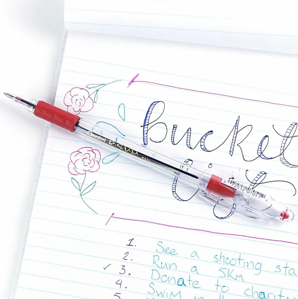 Pentel® R.S.V.P.® Ballpoint Pens, Medium Point, 1.0 mm, Clear Barrel, Red Ink, Pack Of 12