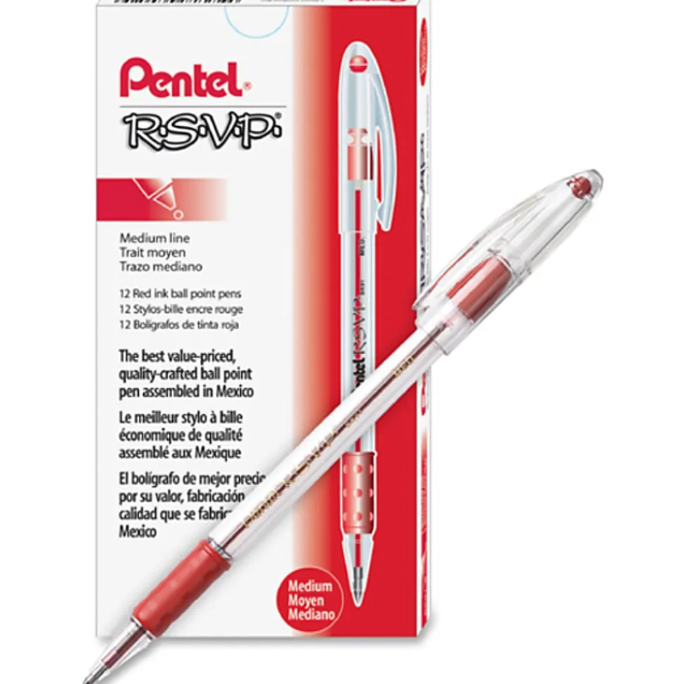 Pentel® R.S.V.P.® Ballpoint Pens, Medium Point, 1.0 mm, Clear Barrel, Red Ink, Pack Of 12