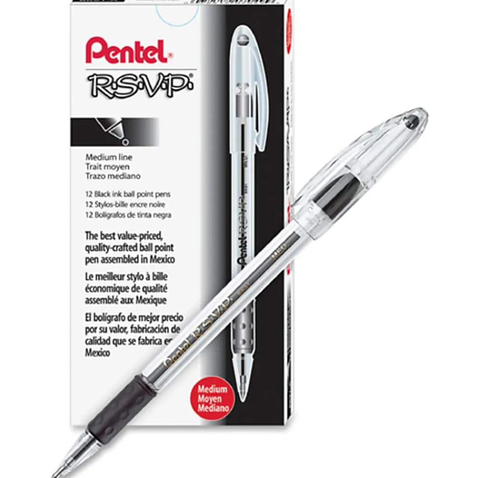 Pentel® R.S.V.P.® Ballpoint Pens, Medium Point, 1.0 mm, Clear Barrel, Black Ink, Pack Of 12