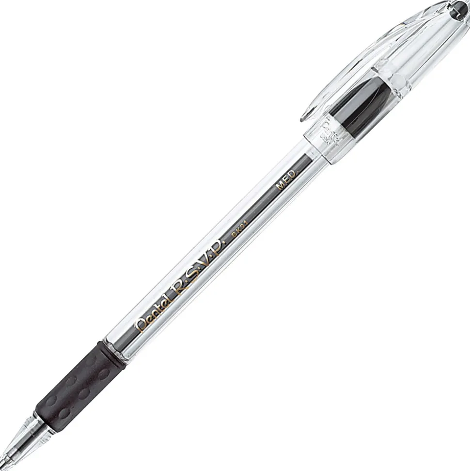 Pentel® R.S.V.P.® Ballpoint Pens, Medium Point, 1.0 mm, Clear Barrel, Black Ink, Pack Of 12