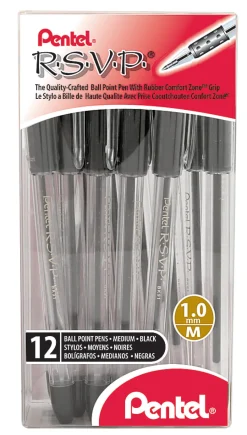 Pentel® R.S.V.P.® Ballpoint Pens, Medium Point, 1.0 mm, Clear Barrel, Black Ink, Pack Of 12