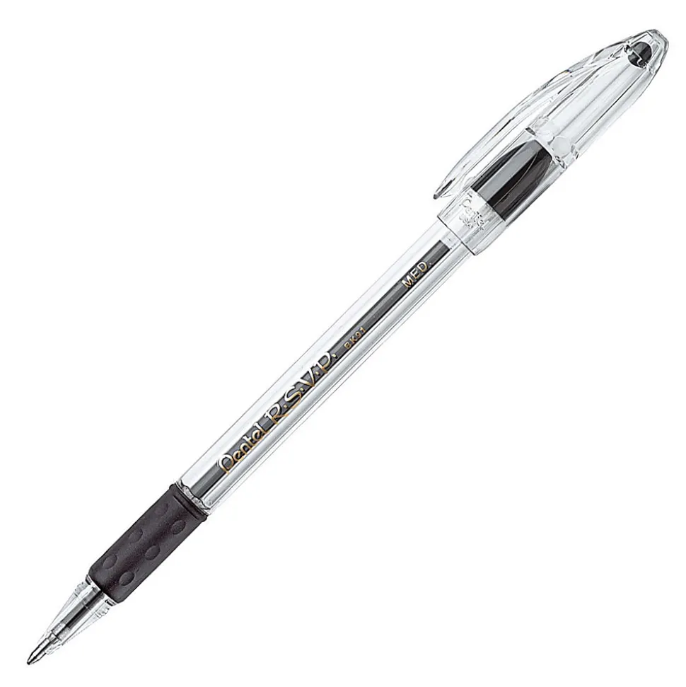 Pentel® R.S.V.P.® Ballpoint Pens, Medium Point, 1.0 mm, Clear Barrel, Black Ink, Pack Of 12