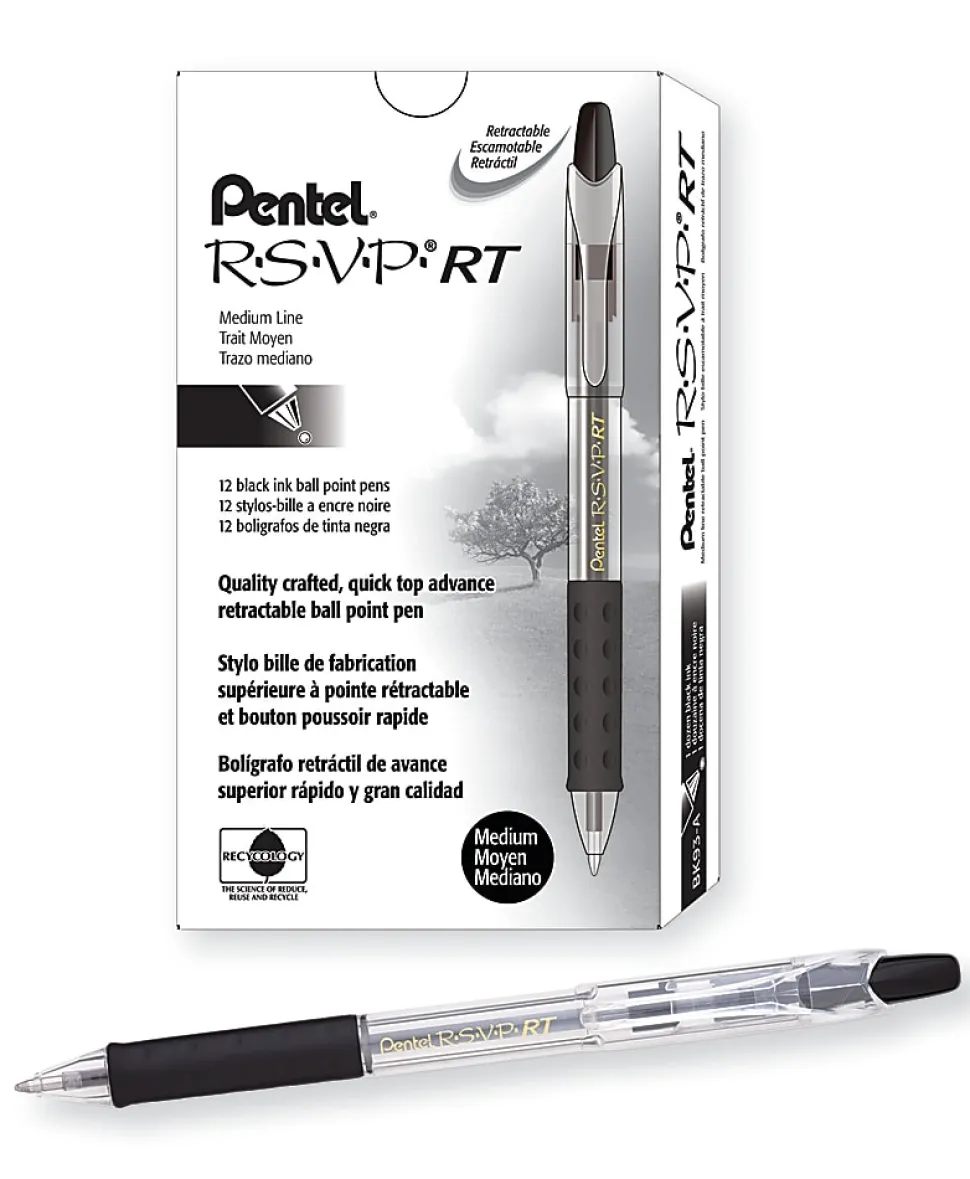 Pentel® R.S.V.P.® RT Retractable Ballpoint Pens, Medium Point, 1.0 mm, 61% Recycled, Transparent Black Barrel, Black Ink, Pack Of 12 Pens