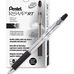 Pentel® R.S.V.P.® RT Retractable Ballpoint Pens, Medium Point, 1.0 mm, 61% Recycled, Transparent Black Barrel, Black Ink, Pack Of 12 Pens