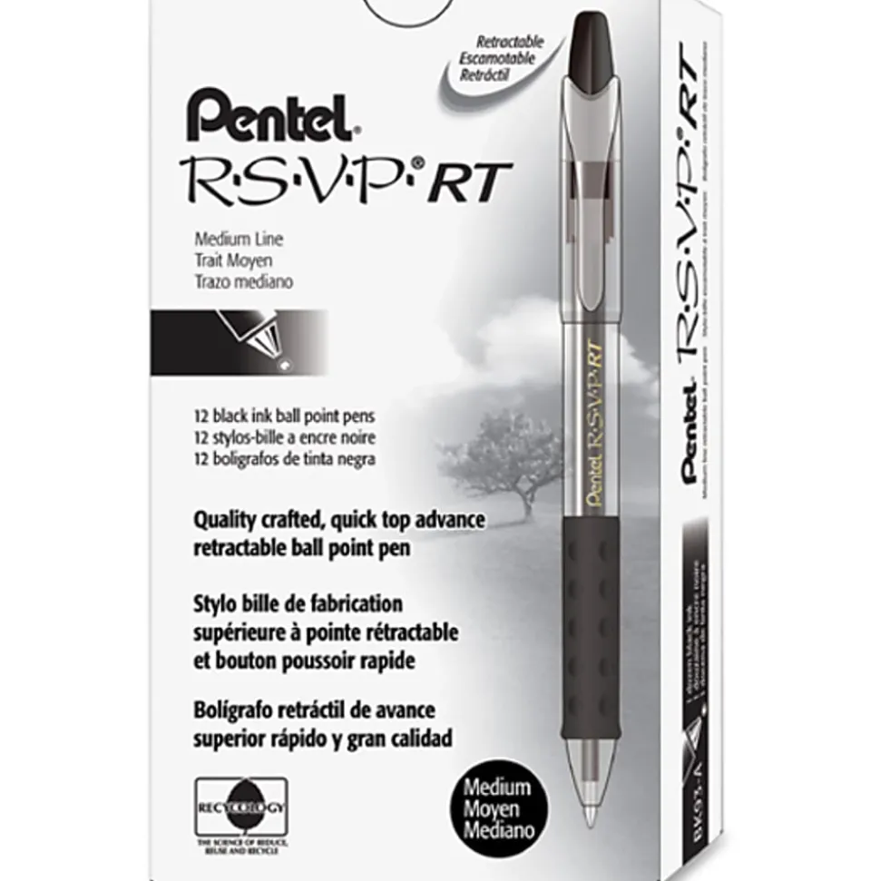 Pentel® R.S.V.P.® RT Retractable Ballpoint Pens, Medium Point, 1.0 mm, 61% Recycled, Transparent Black Barrel, Black Ink, Pack Of 12 Pens